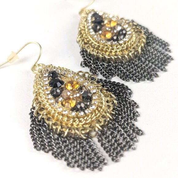 Gold-Tone Dangling Chain & Rhinestone Earrings - Picture 2 of 3